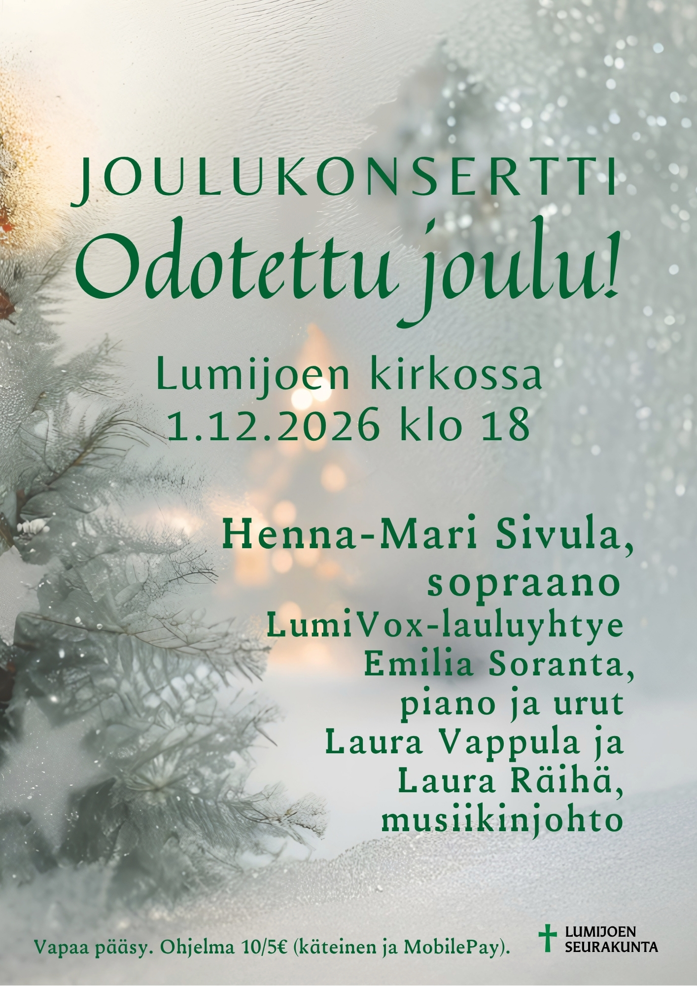 kuvassa talvinen metsä, huurteinen kuusi ja valoja