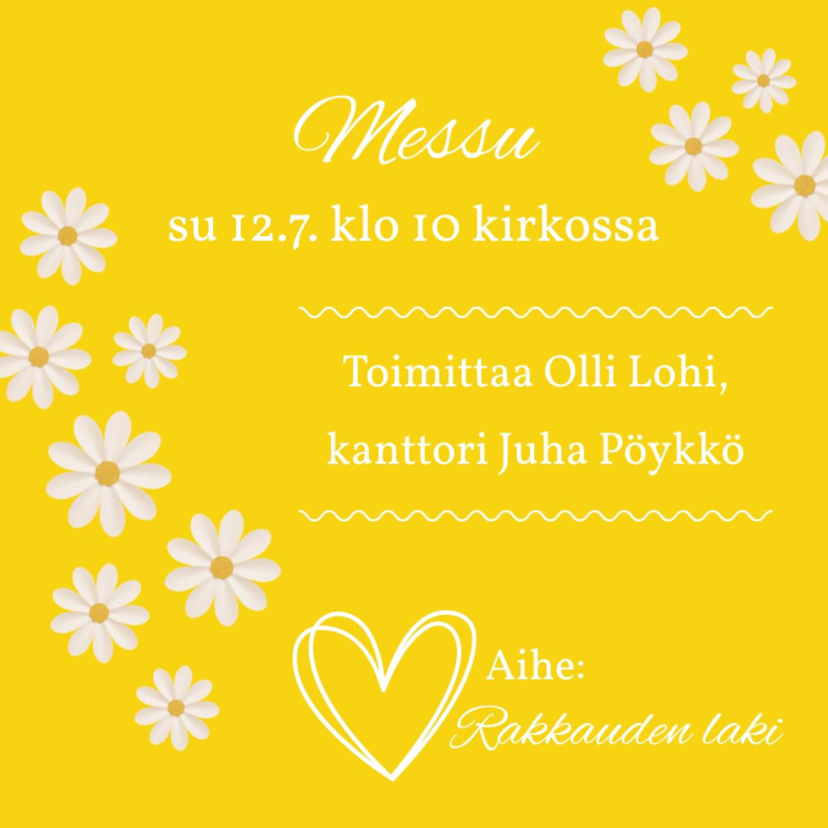 Keltaisella pohjalla valkoisia kukkia ja sydän