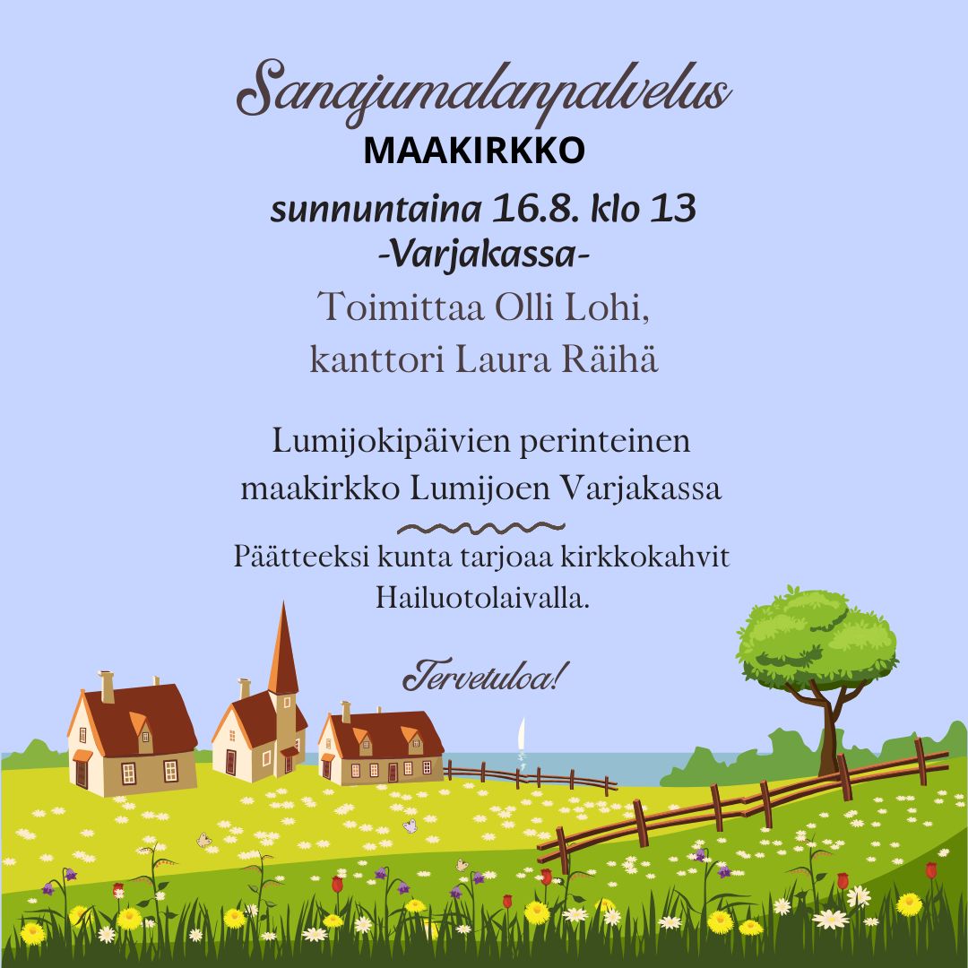 kuvassa maalaismaisema, kukkakedolla rakennuksia ja puu sekä taustalla meri