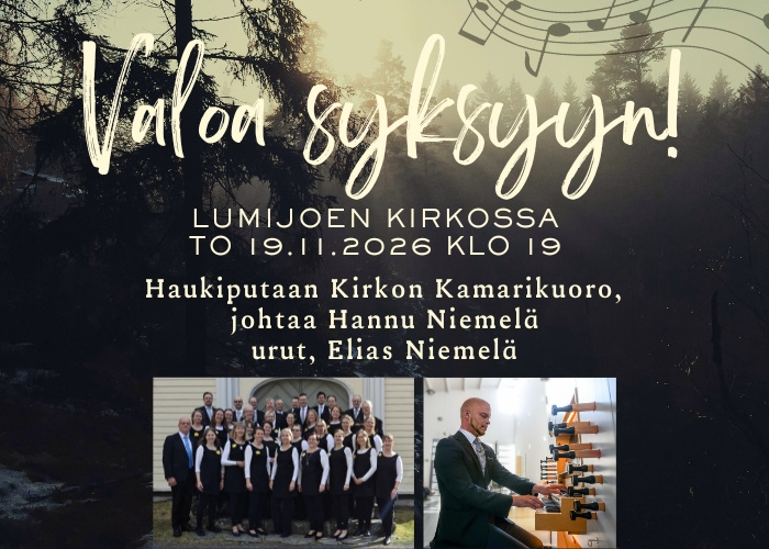 Taustalla syksyinen metsä ja valonkajastus. Lisäksi konsertin tiedot ja esiintyjien kuvat.