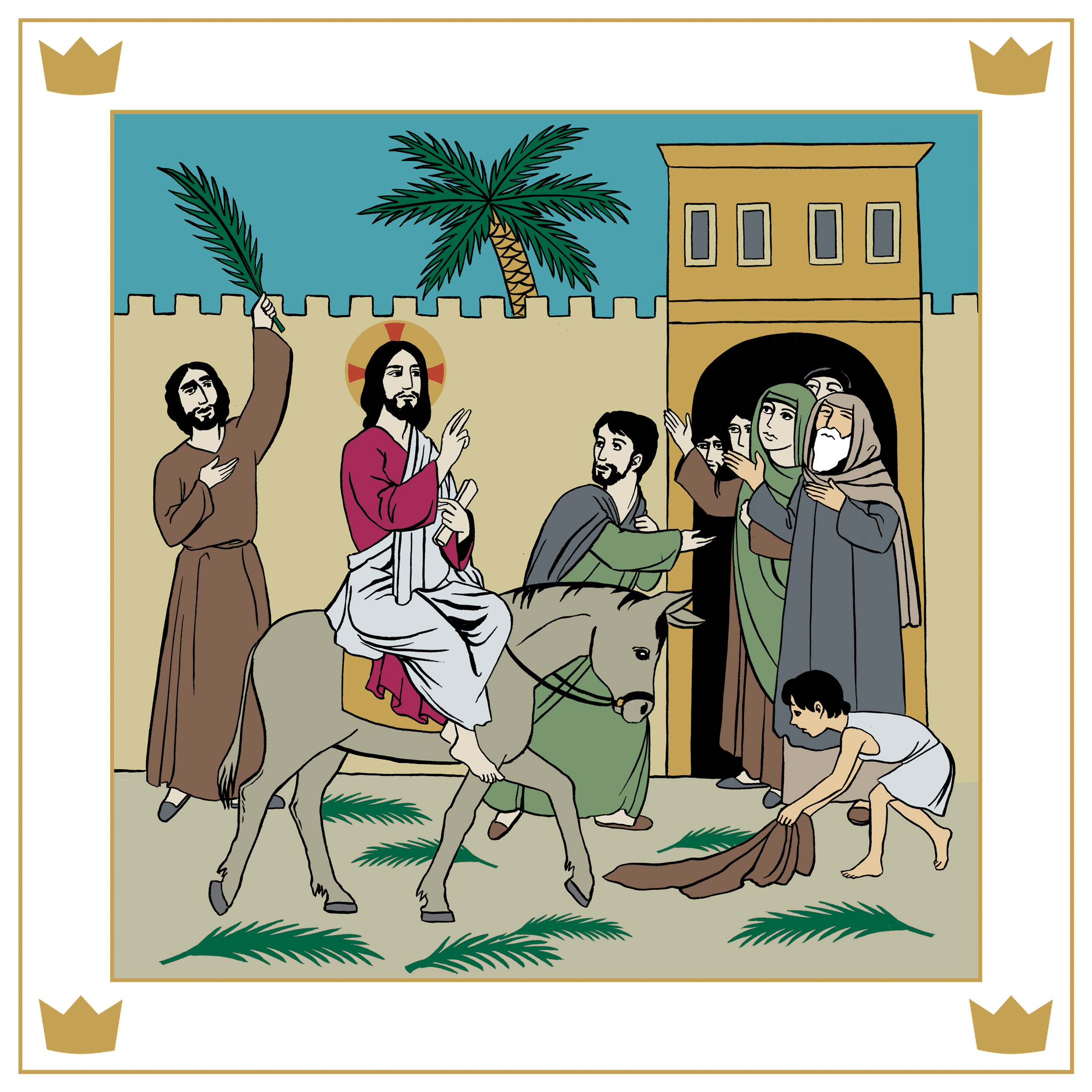 1. adventtisunnuntain messu Jeesus ratsastaa aasilla, ihmiset heiluttavat palmun oksia.