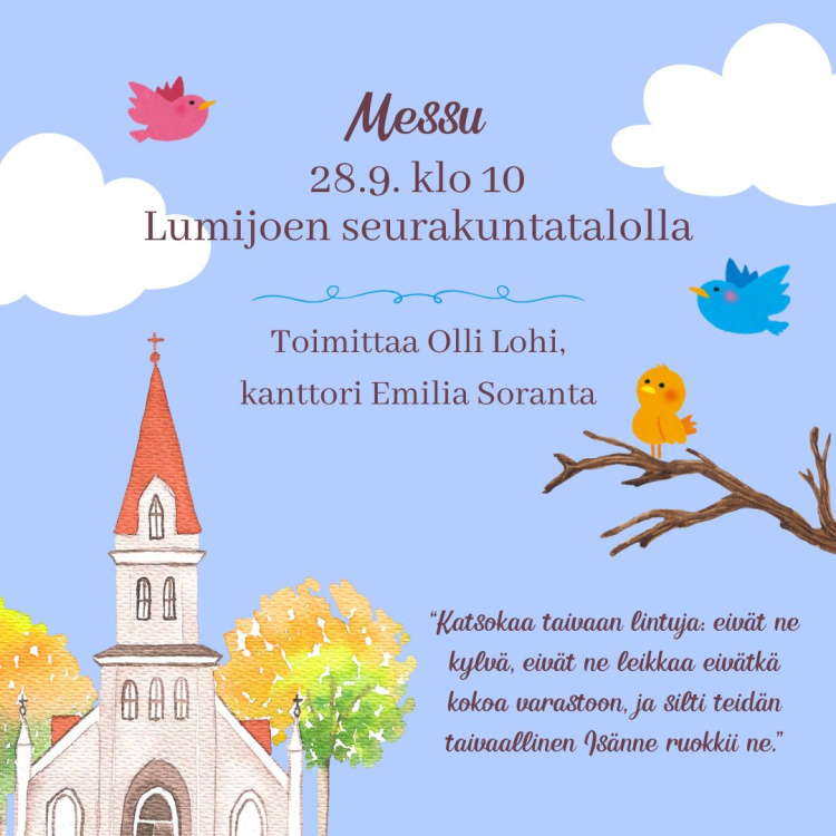 kuvassa kirkko ja lintuja sekä pilviä