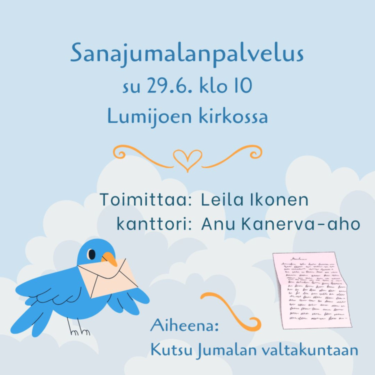Sanajumalanpalvelus kutsu jumalanpalvelukseen, kuvassa lintu ja kirje