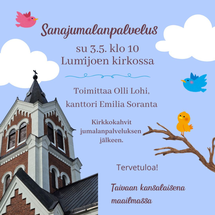 kuvassa Lumijoen kirkon torni ja lintuja ja pilviä