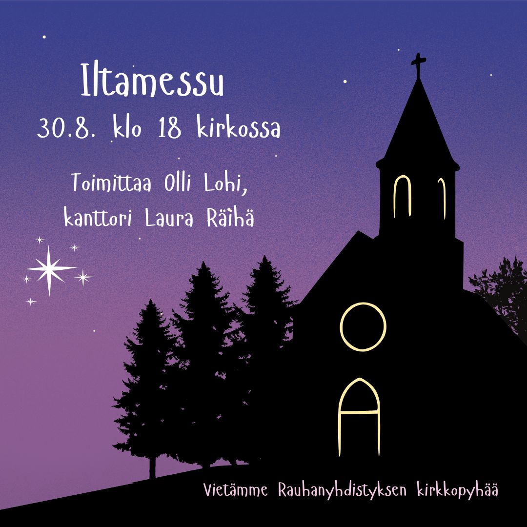 kirkon siluetti illalla, ikkunoista häämöttää valoa