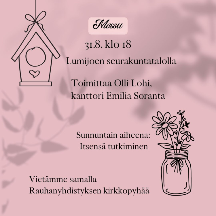 mainos iltamessusta kuvassa maljakko ja kukkia sekä linnunpönttö