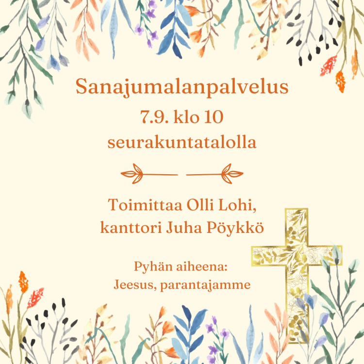 mainos sanajumalanpalveluksesta kuvassa risti ja erilaisia kasvin lehtiä