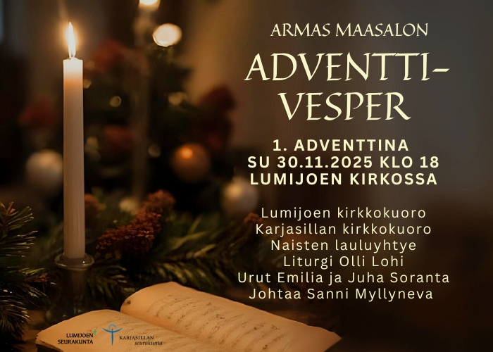 Jouluinen tunnelmakuva. Yksi kynttilä, havuja, avonainen nuottikirja.