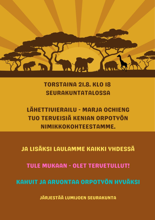 Lähettivierailu seurakunnalla - Marja Ochieng Keniasta mainos lähetysillasta kuvassa norsuja ja kirahveja auringon ja puiden alla