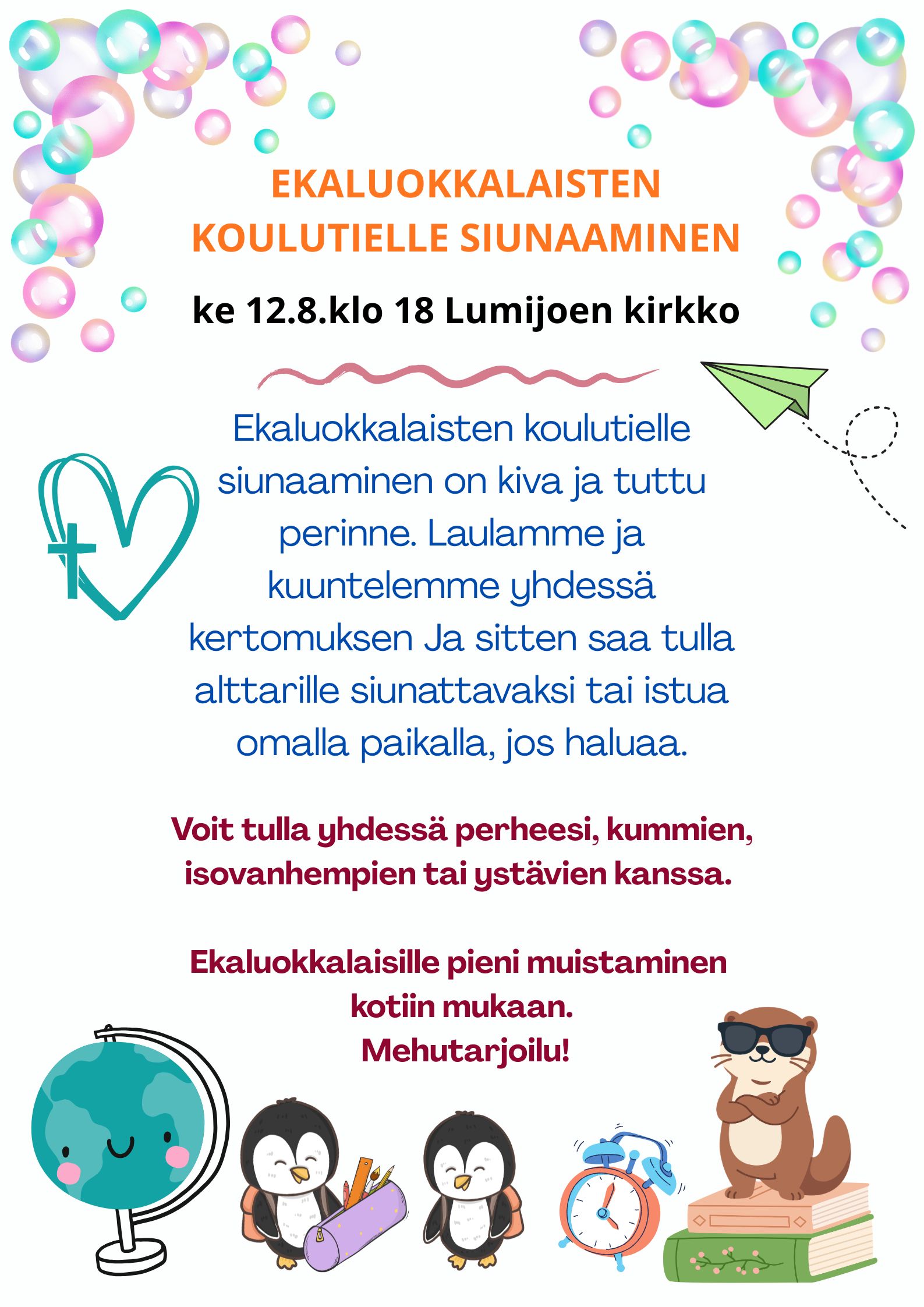 mainoksessa kuvia esim. pingviinit, majava, penaali kynineen, herätyskello ja karttapallo