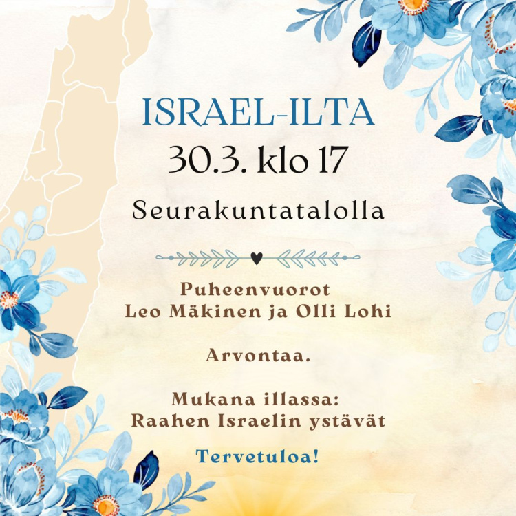 Israel-ilta, seurakuntatalolla mainos Israel illtasta