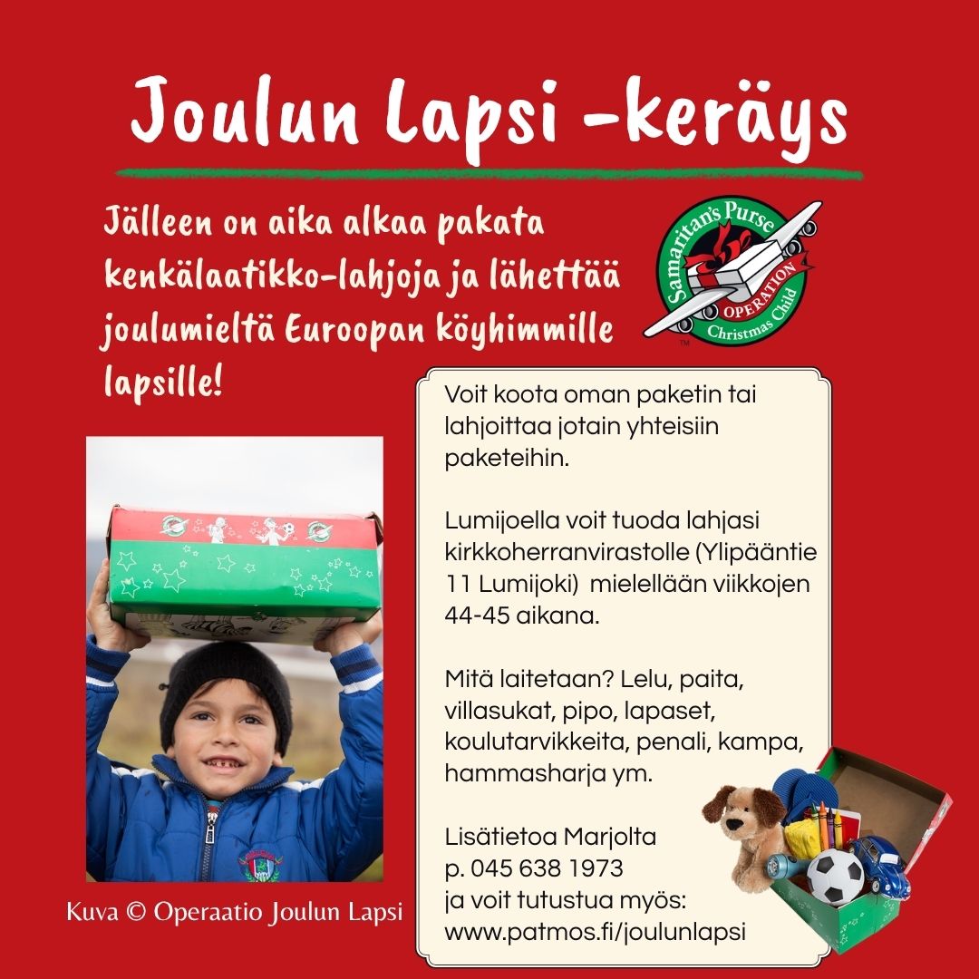 joulun lapsi keräyksen mainos, lapsi kenkälaatikkolahjan kanssa ja avoin lahja