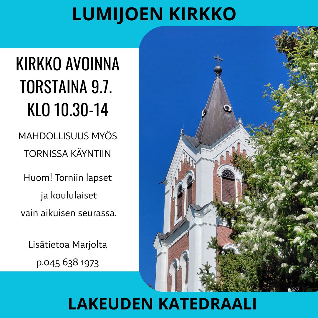 kuvassa Lumijoen kirkon torni ja tuomenkukkia
