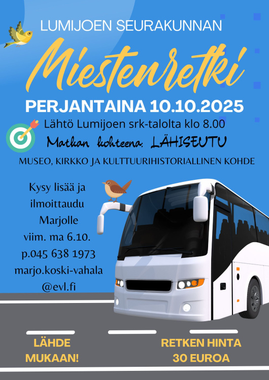 miestenretken mainos kuvassa bussi ja lintuja