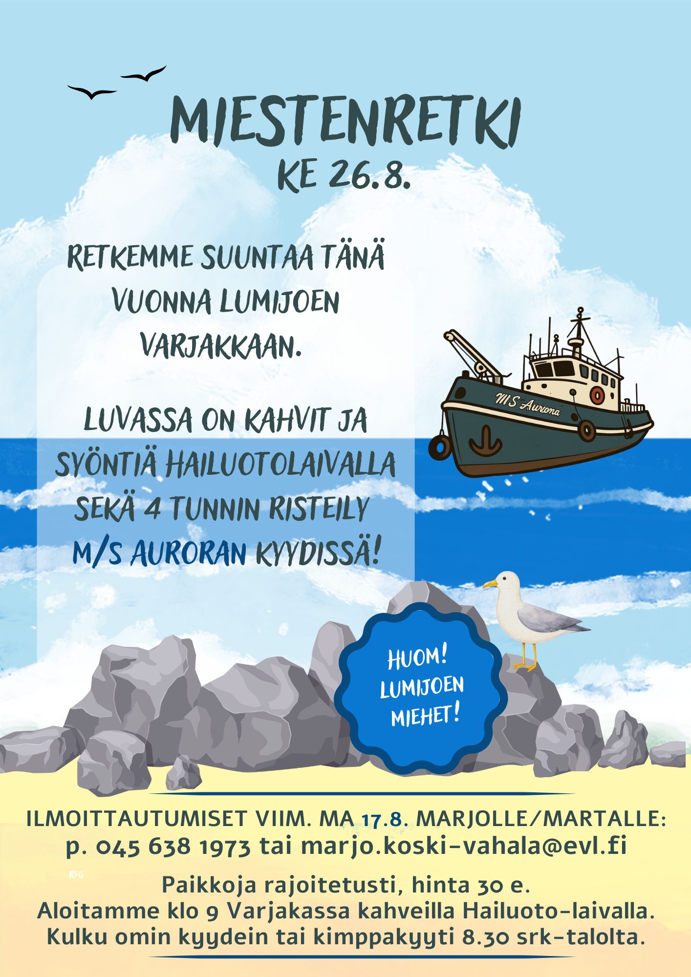 piirretty kuva rantakivistä, lokista, merestä ja Aurora laivasta.
