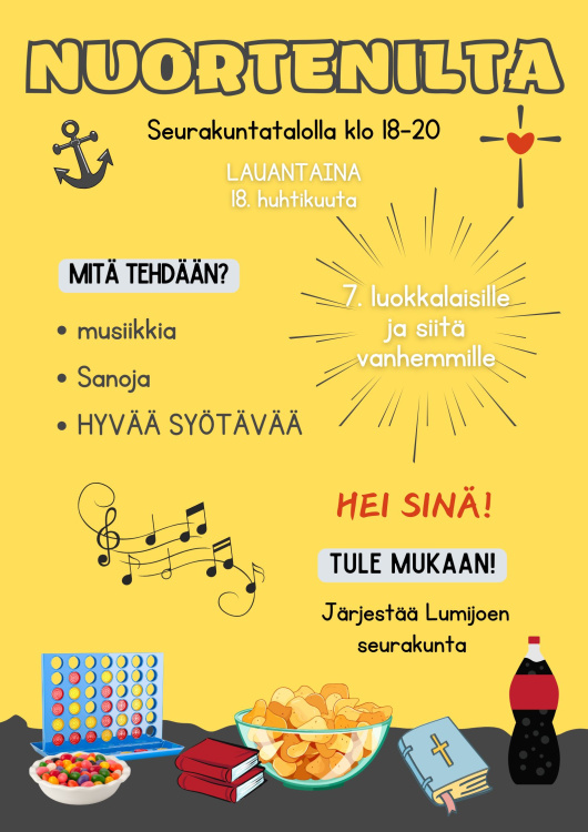 keltaisella taustalla pelejä, syötävää ja risti ja ankkuri