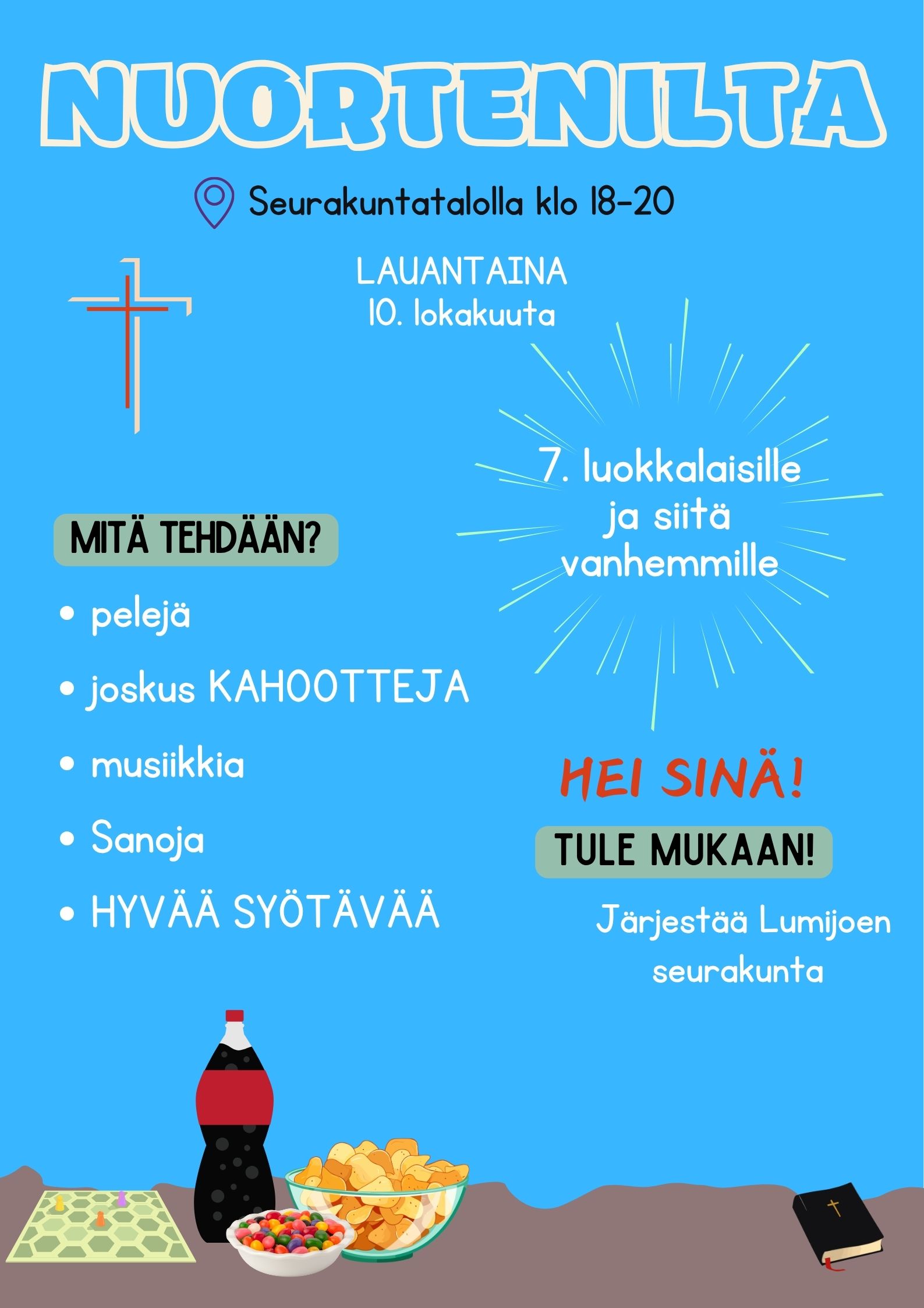 kuvassa pelejä, syötävää ja risti sekä raamattu