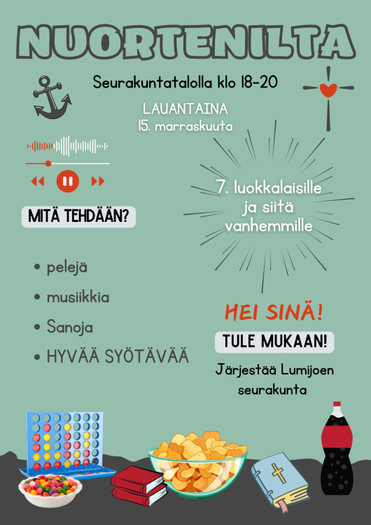 mainos nuortenillasta kuvassa Raamattu, pelejä ja herkkuja