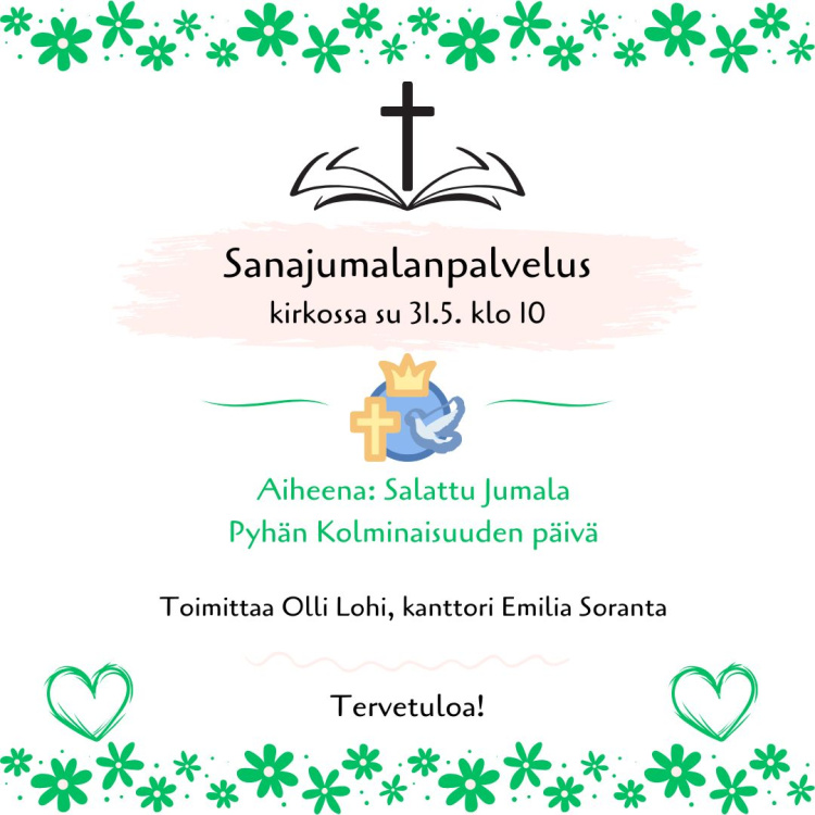 kuvassa risti, sydämiä ja Pyhän Kolminaisen mukaisesti kuvio, jossa kruunu, risti ja kyyhkynen
