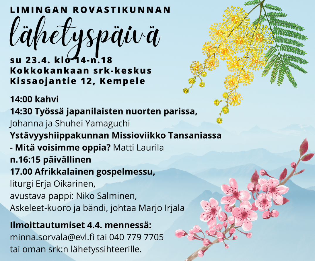 mainos lähetystapahtumasta, vaaleansininen keväisin kukkasin