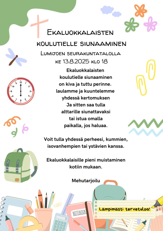 Ekaluokkalaisten koulutielle siunaaminen mainos ekaluokkalaisten koulutielle siunaamisesta