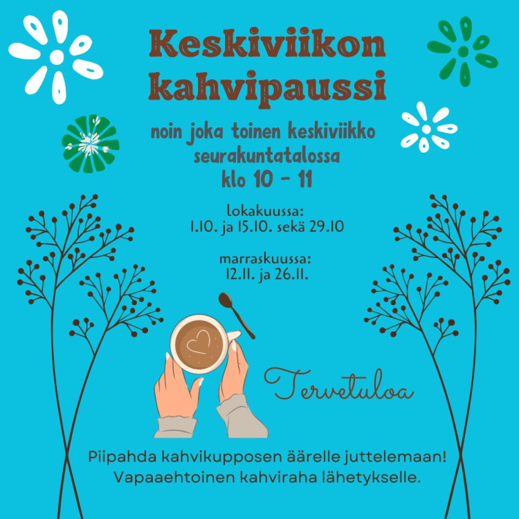 mainos kahvipaussista, kuvassa kukkasia ja kädet ja kahvikuppi