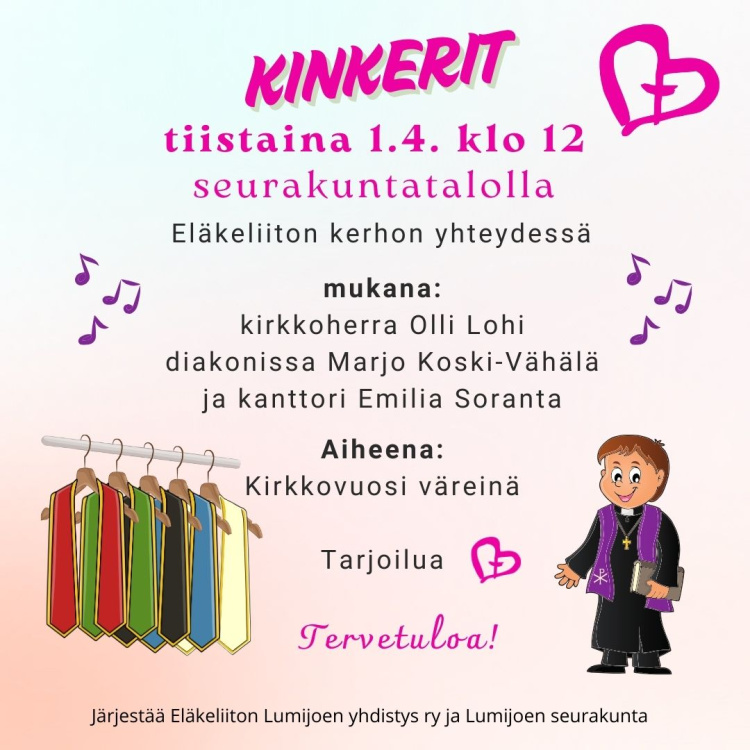 Kinkerit kinkerimainos kirkkovuosi väreinä, kuvassa värilliset stolat