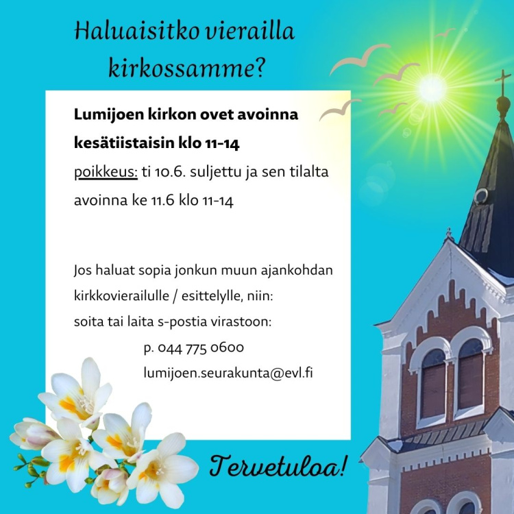 Kirkon ovet avoinna mainos kirkon avoinnaolosta kuvassa kirkon torni