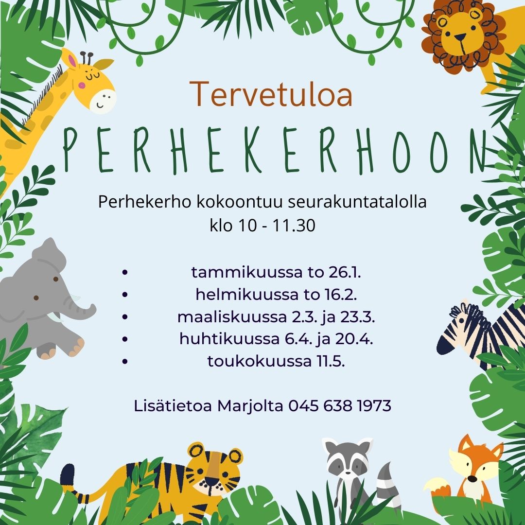 mainos kerhosta koristeltuna viidakon eläimillä