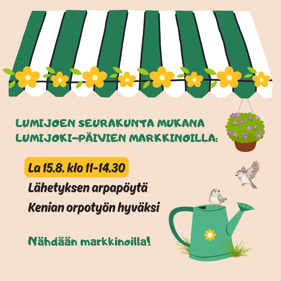 kuvassa katos keltaisilla kukkasilla, maassa kastelukannu ja varpusia