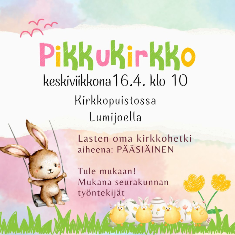 Pikkukirkko pikkukirkko pääsiäisen mainos, pupu keinuu keinussa