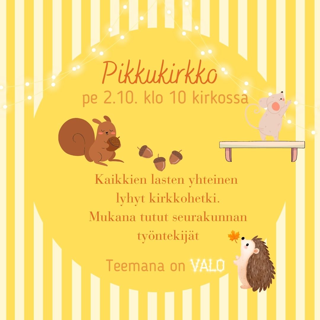 keltaraitainen tausta kuvastaa valoa ja lisäksi kuvissa orava, hiiri ja siili