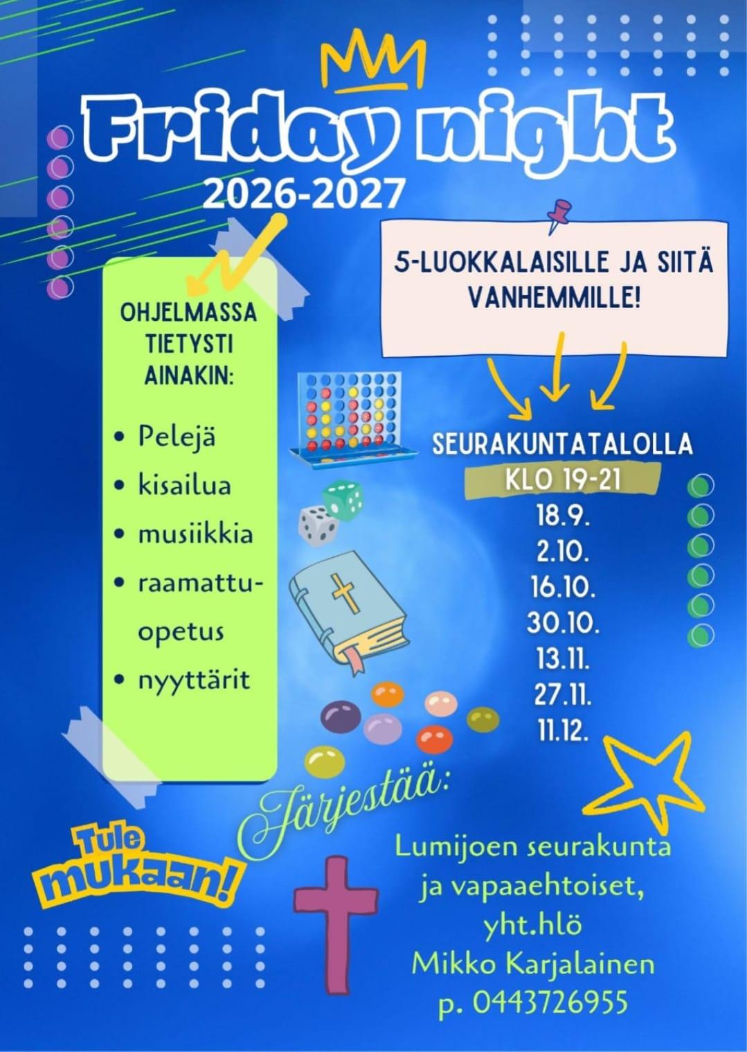 Friday night pe 18.9. klo 19 