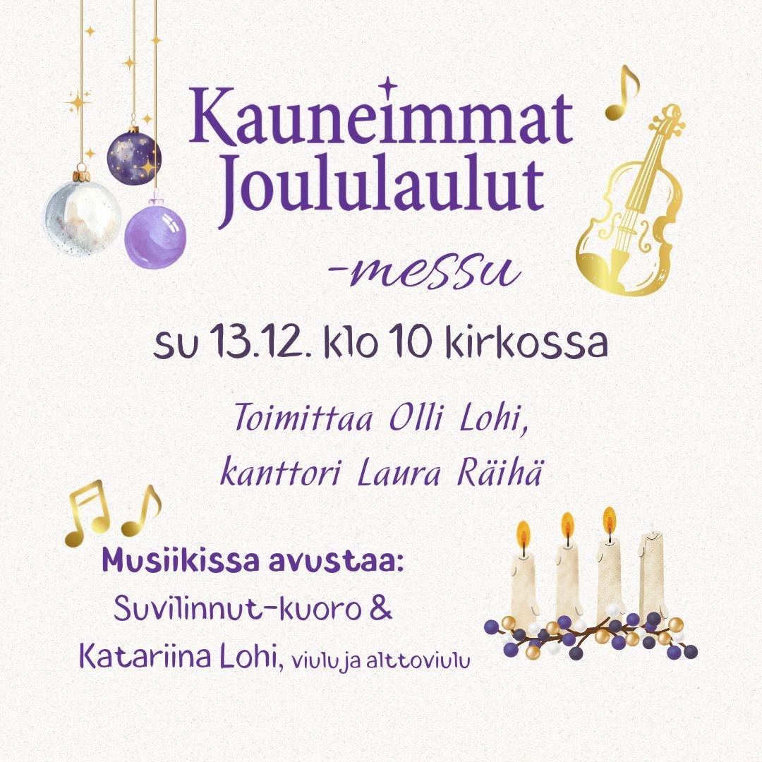 kolme adventtikynttilää, joulupalloja ja kultaisia nuotteja